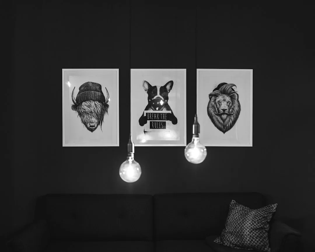 grayscale photo of 2 round pendant lamps