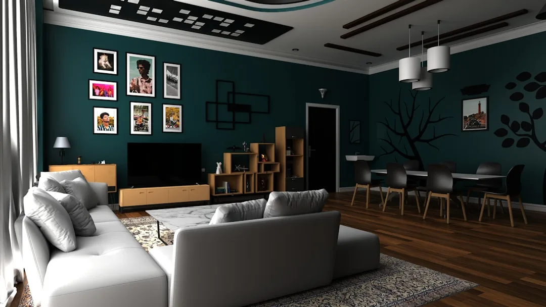living room with gray sofa and brown wooden coffee table